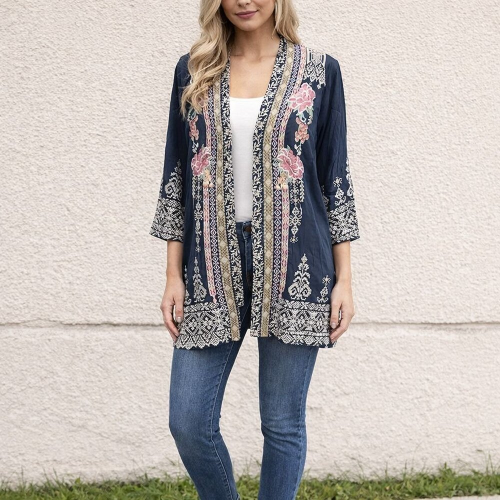 Johnny Was Floral Embroidered Helena Kimono Cardigan Sweater Womens S C45619-1